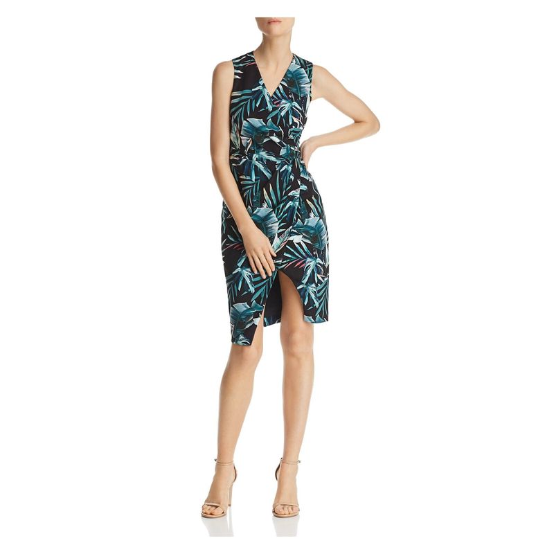 Black Halo Womens Slitted Sleeveless V Neck Below The Knee Fit + Flare Dress